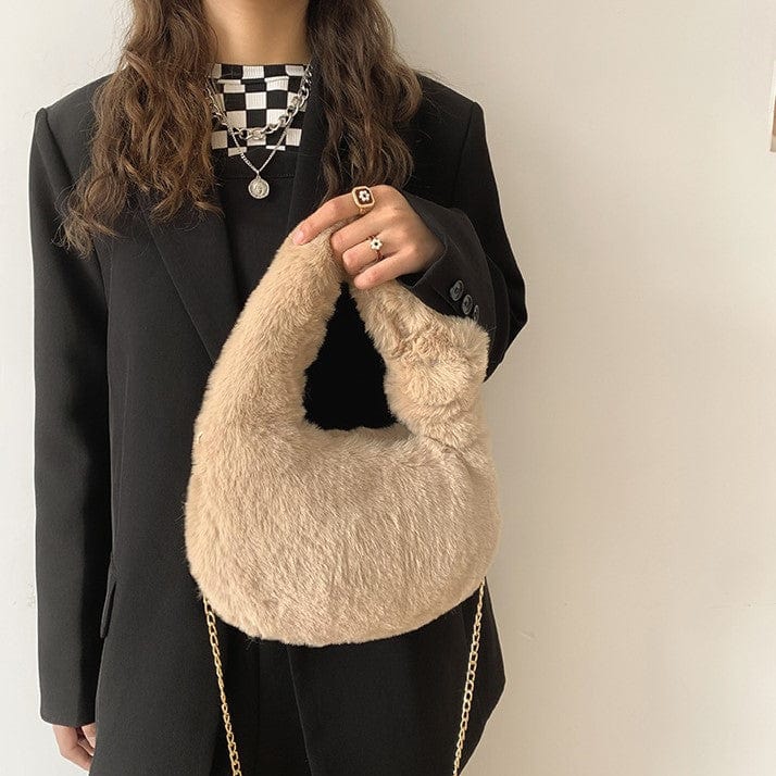 Fluffy Fur Round Basket Bag with Chain Strap - Image 7