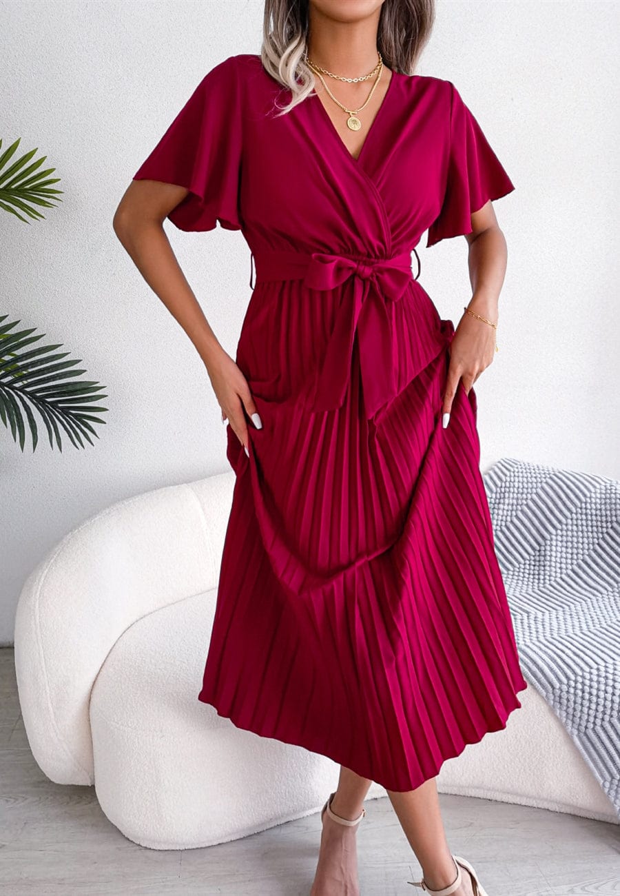 Flutter Sleeve Pleated Wrap Dress - Image 12
