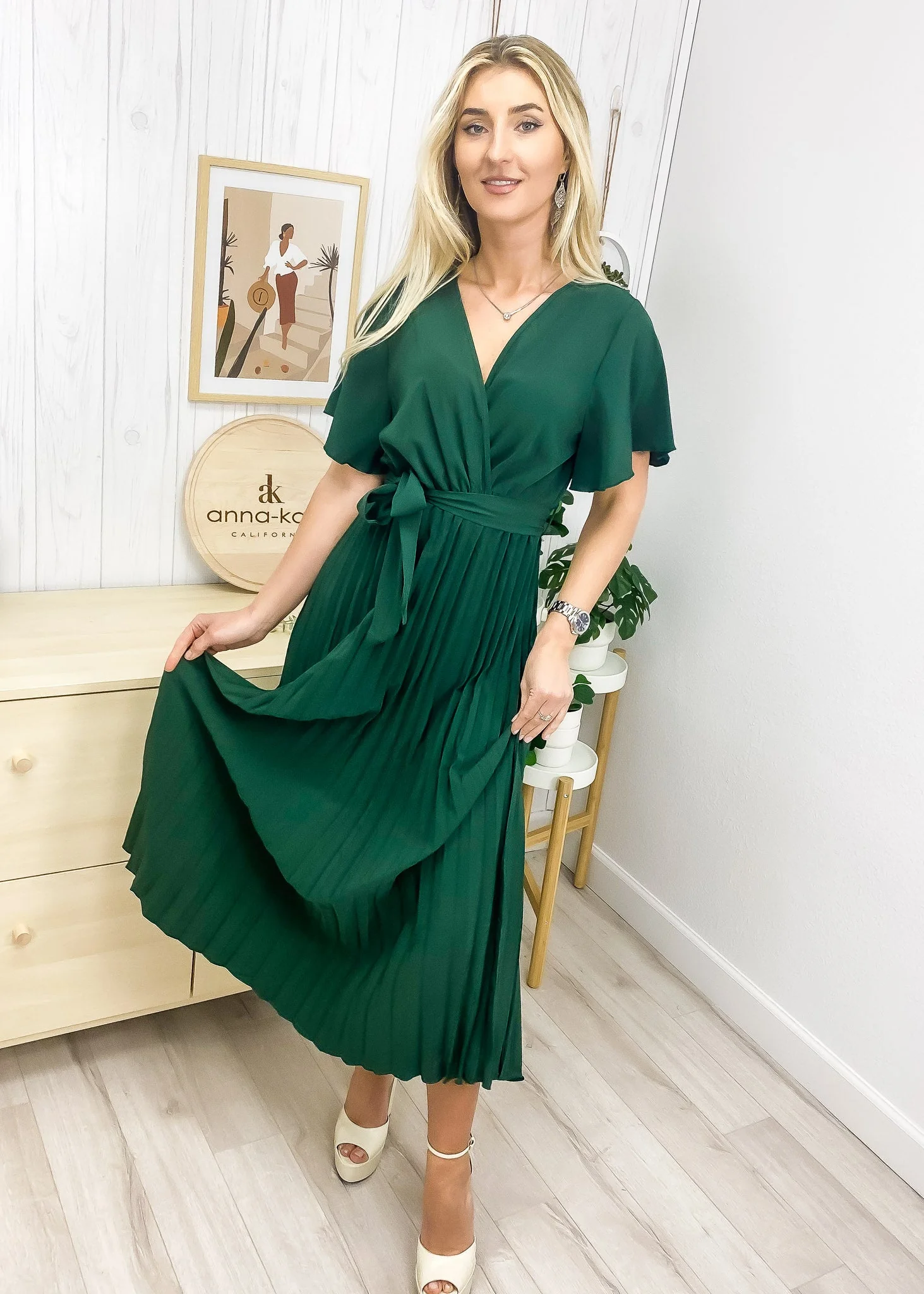 Flutter Sleeve Pleated Wrap Dress - Image 5