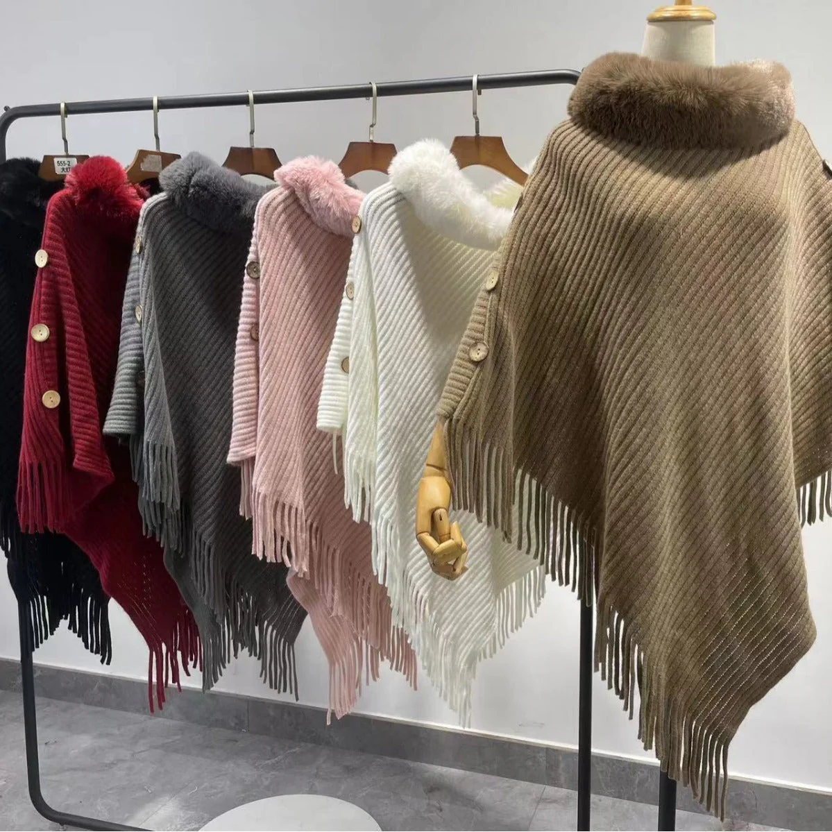 Fur Collar Shawl Knitted Lady Temperament Warm Thick Loose Tassle Atmosphere Cape