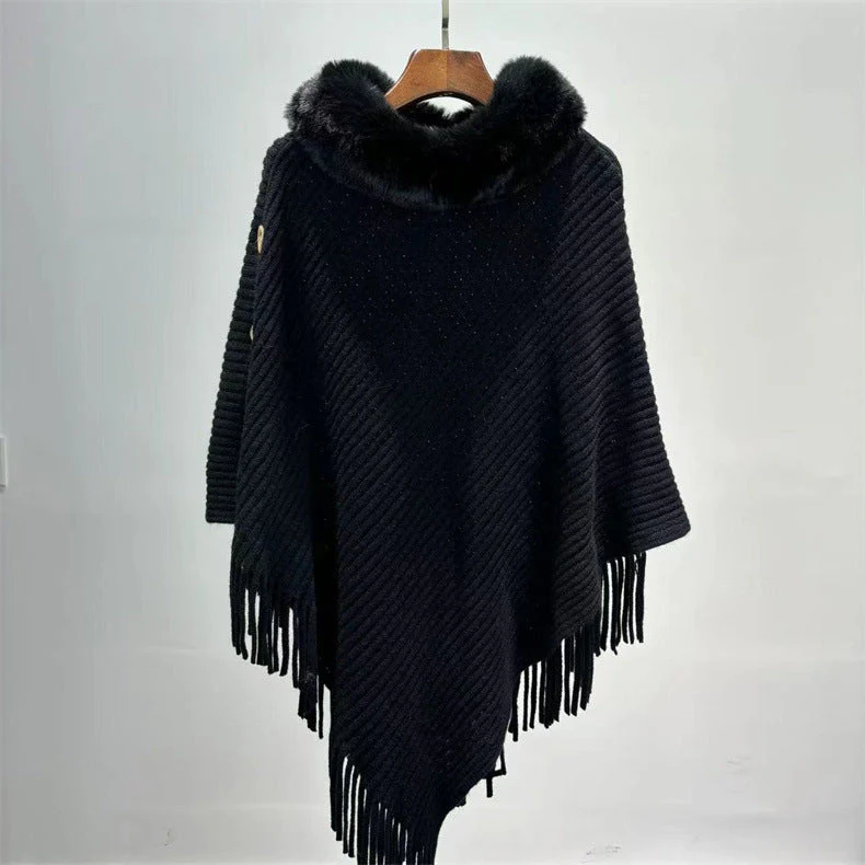 Fur Collar Shawl Knitted Lady Temperament Warm Thick Loose Tassle Atmosphere Cape - Image 3