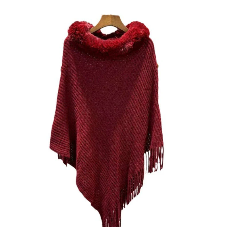Fur Collar Shawl Knitted Lady Temperament Warm Thick Loose Tassle Atmosphere Cape - Image 5