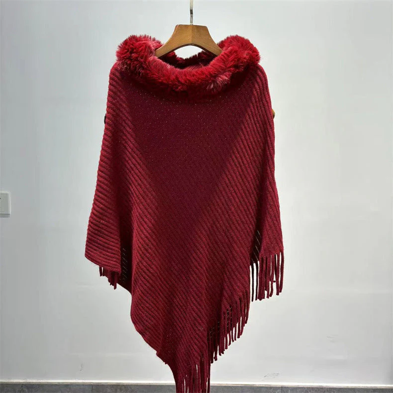 Fur Collar Shawl Knitted Lady Temperament Warm Thick Loose Tassle Atmosphere Cape - Image 6