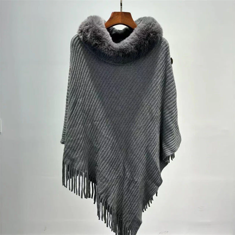 Fur Collar Shawl Knitted Lady Temperament Warm Thick Loose Tassle Atmosphere Cape - Image 7