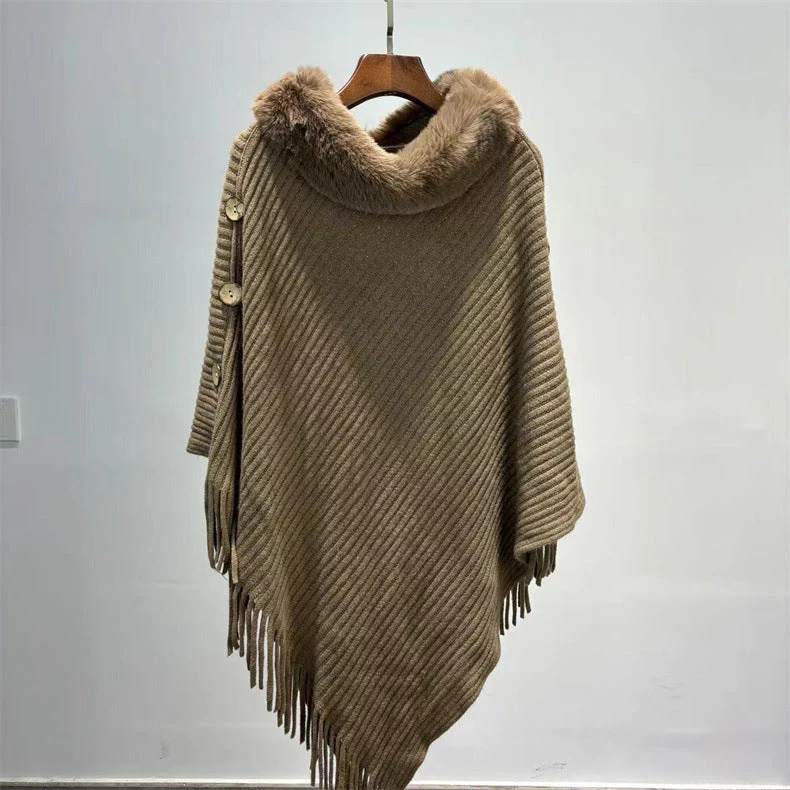 Fur Collar Shawl Knitted Lady Temperament Warm Thick Loose Tassle Atmosphere Cape - Image 8
