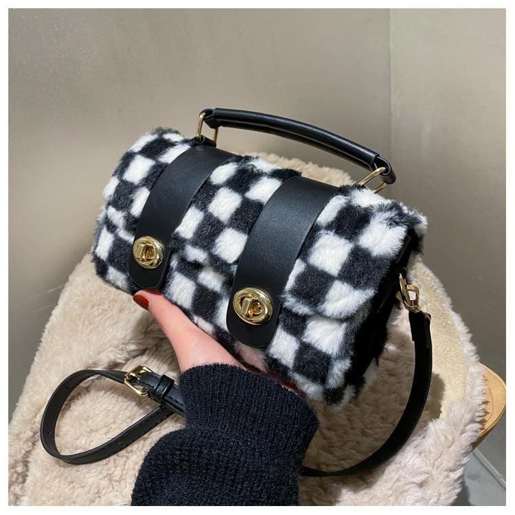 Fuzzy Checkered Print Bag - Image 3