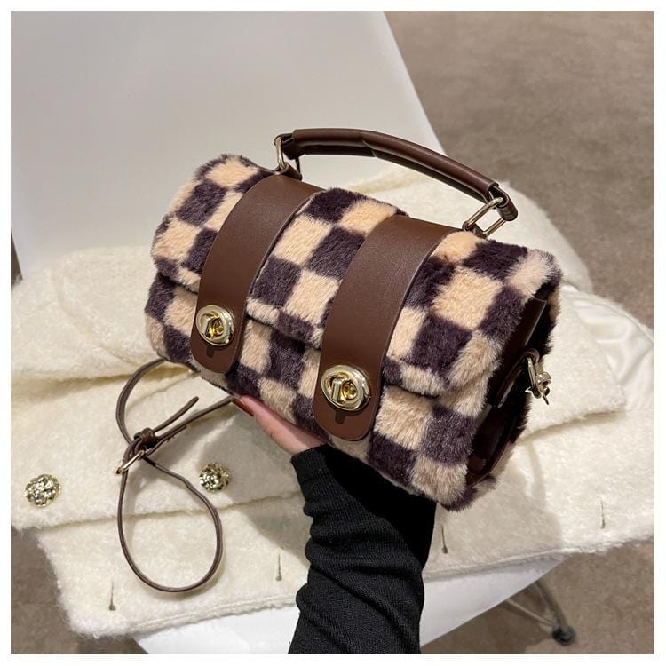 Fuzzy Checkered Print Bag - Image 4