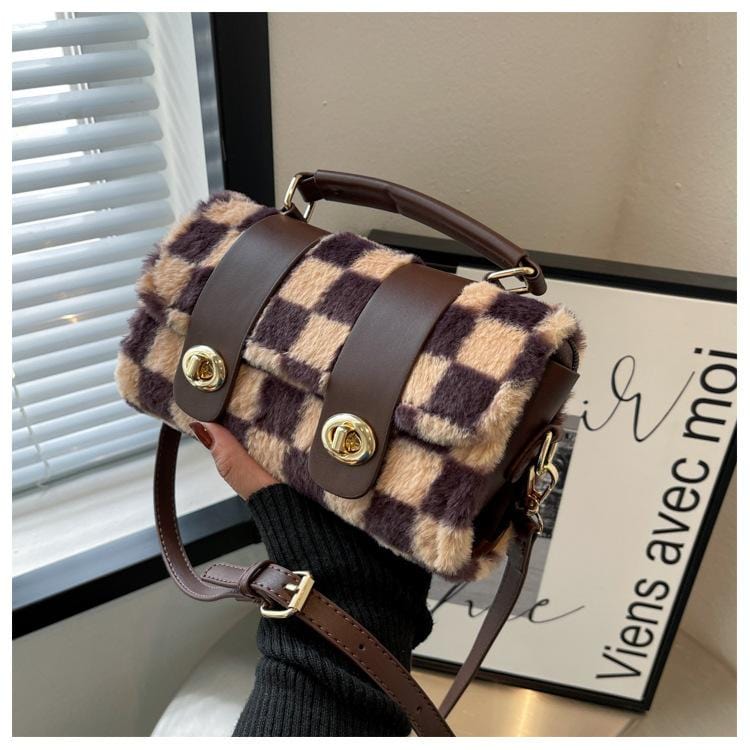 Fuzzy Checkered Print Bag - Image 5