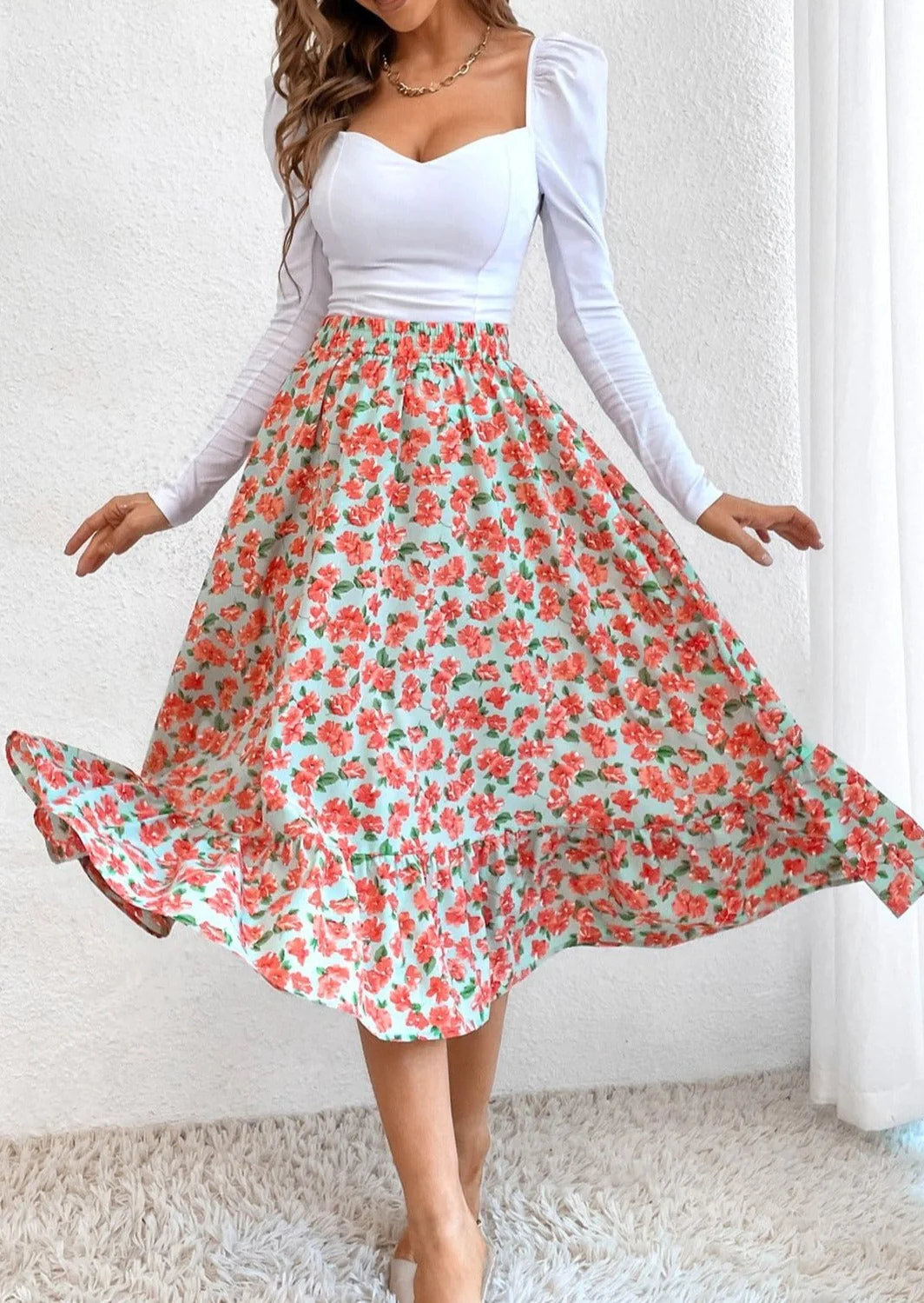 Gartered Floral Print Midi Skirt - Image 7