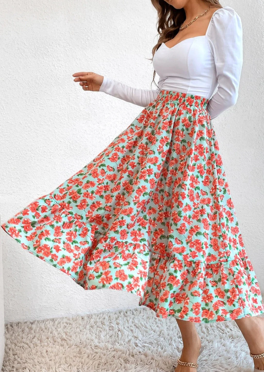 Gartered Floral Print Midi Skirt - Image 8