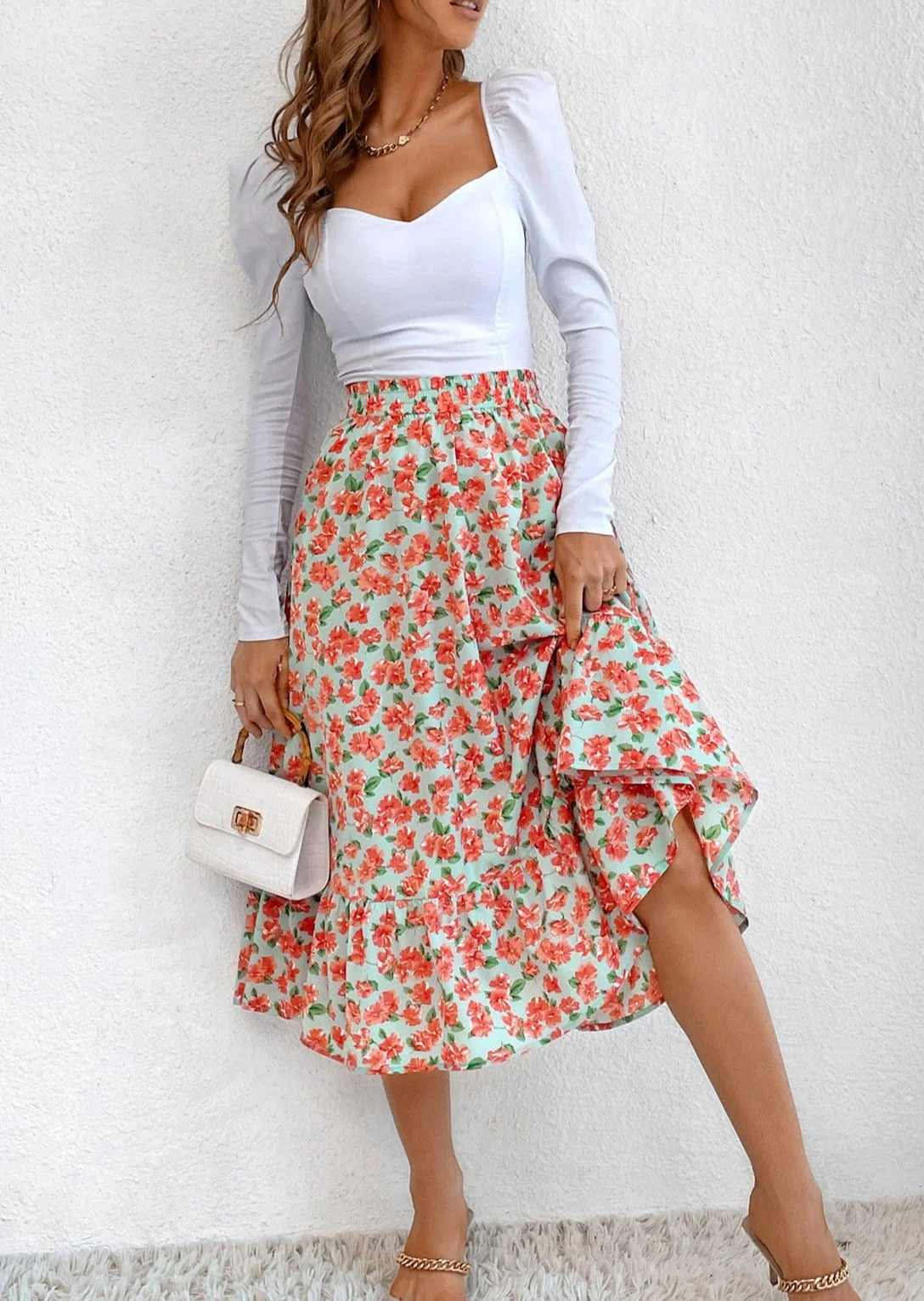 Gartered Floral Print Midi Skirt - Image 9