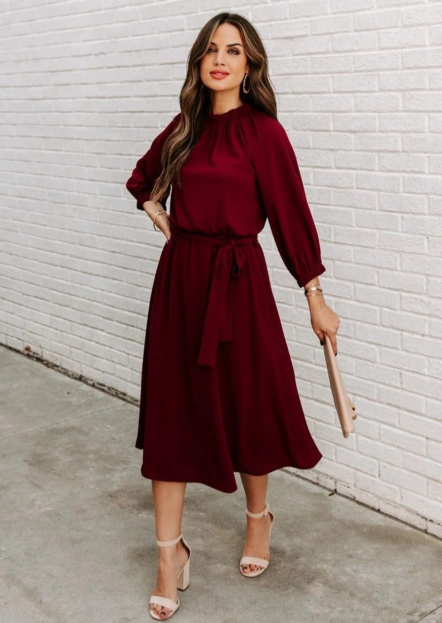 Gathered Neck Tie Waist Dress - Image 2