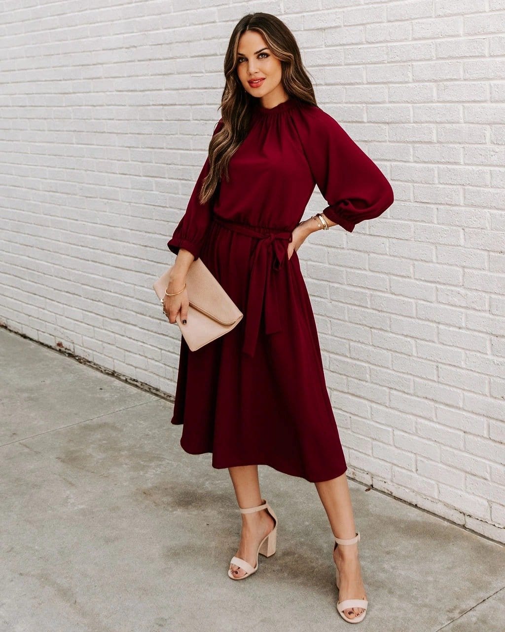 Gathered Neck Tie Waist Dress - Image 3
