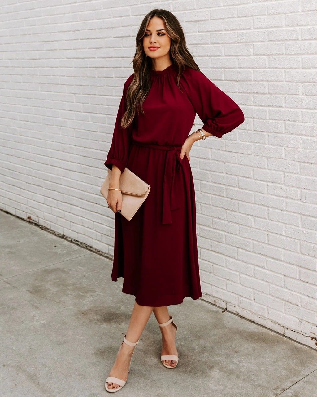 Gathered Neck Tie Waist Dress - Image 4