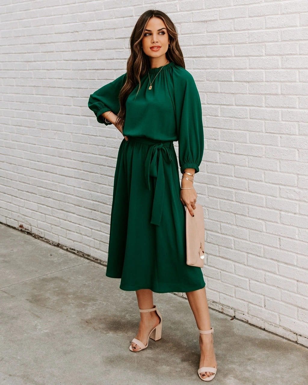 Gathered Neck Tie Waist Dress - Image 6