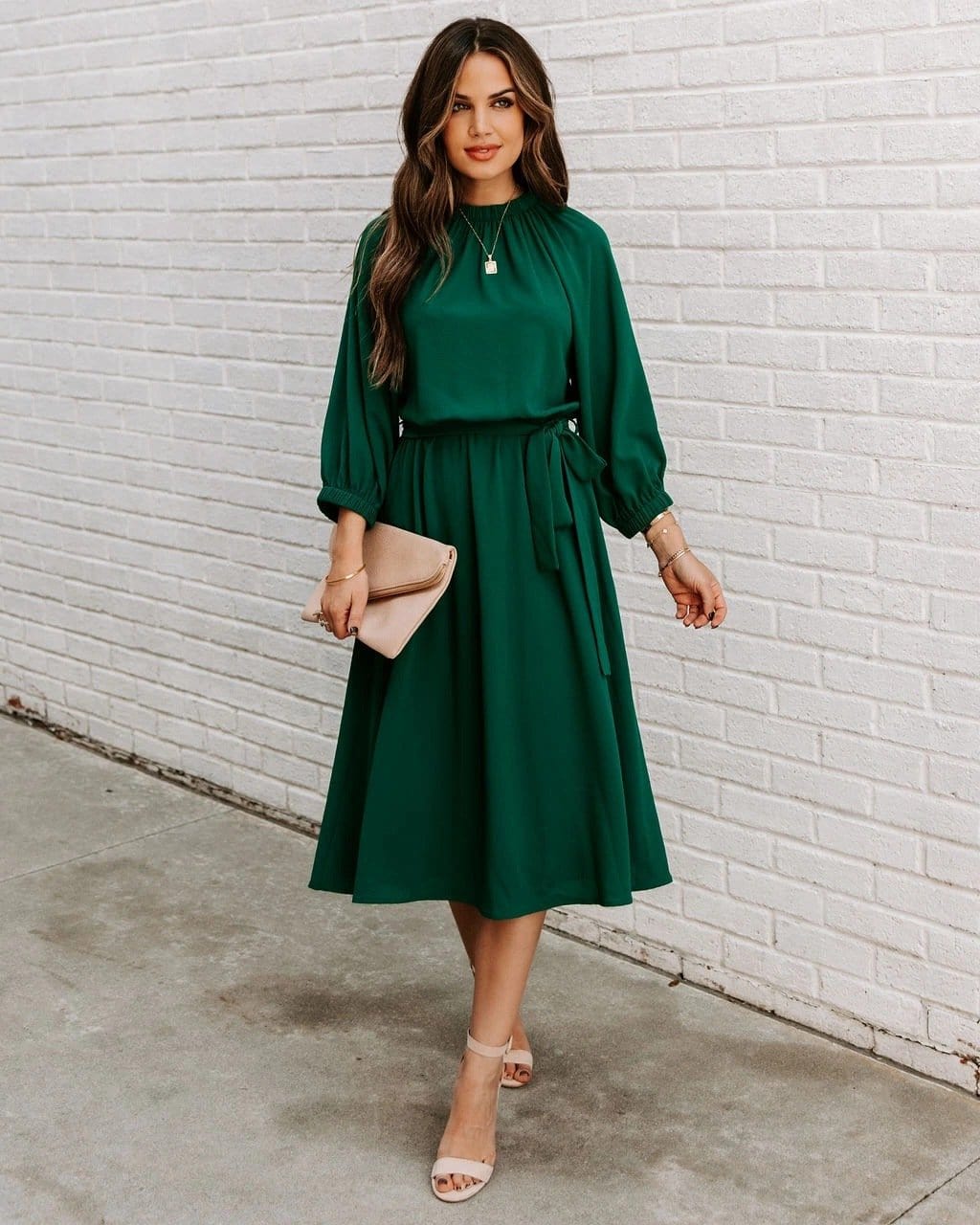 Gathered Neck Tie Waist Dress - Image 7