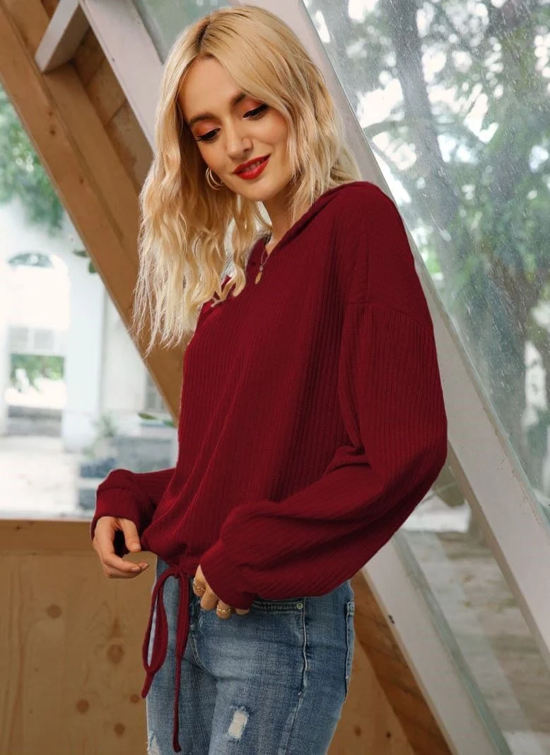 Gathered Ribbon Tie Hem Hoodie - Image 9