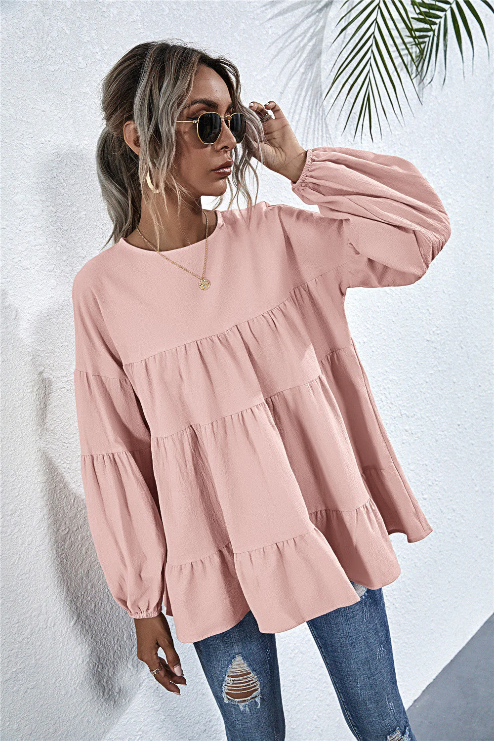 Gathered Ruffle Long Sleeve Blouse - Image 24