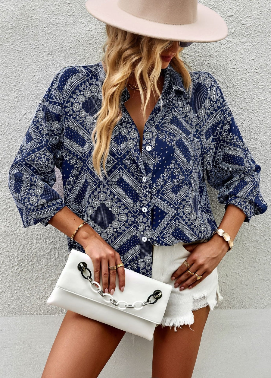 Geometric Bandana Print Button Blouse - Image 15