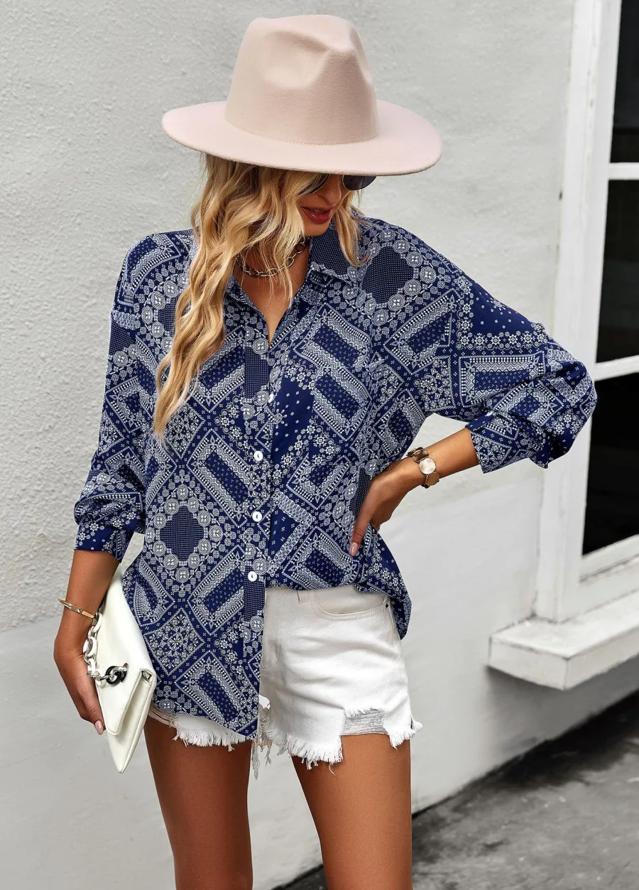 Geometric Bandana Print Button Blouse - Image 17