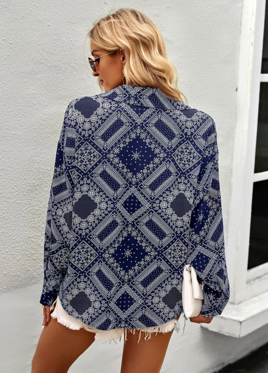 Geometric Bandana Print Button Blouse - Image 18
