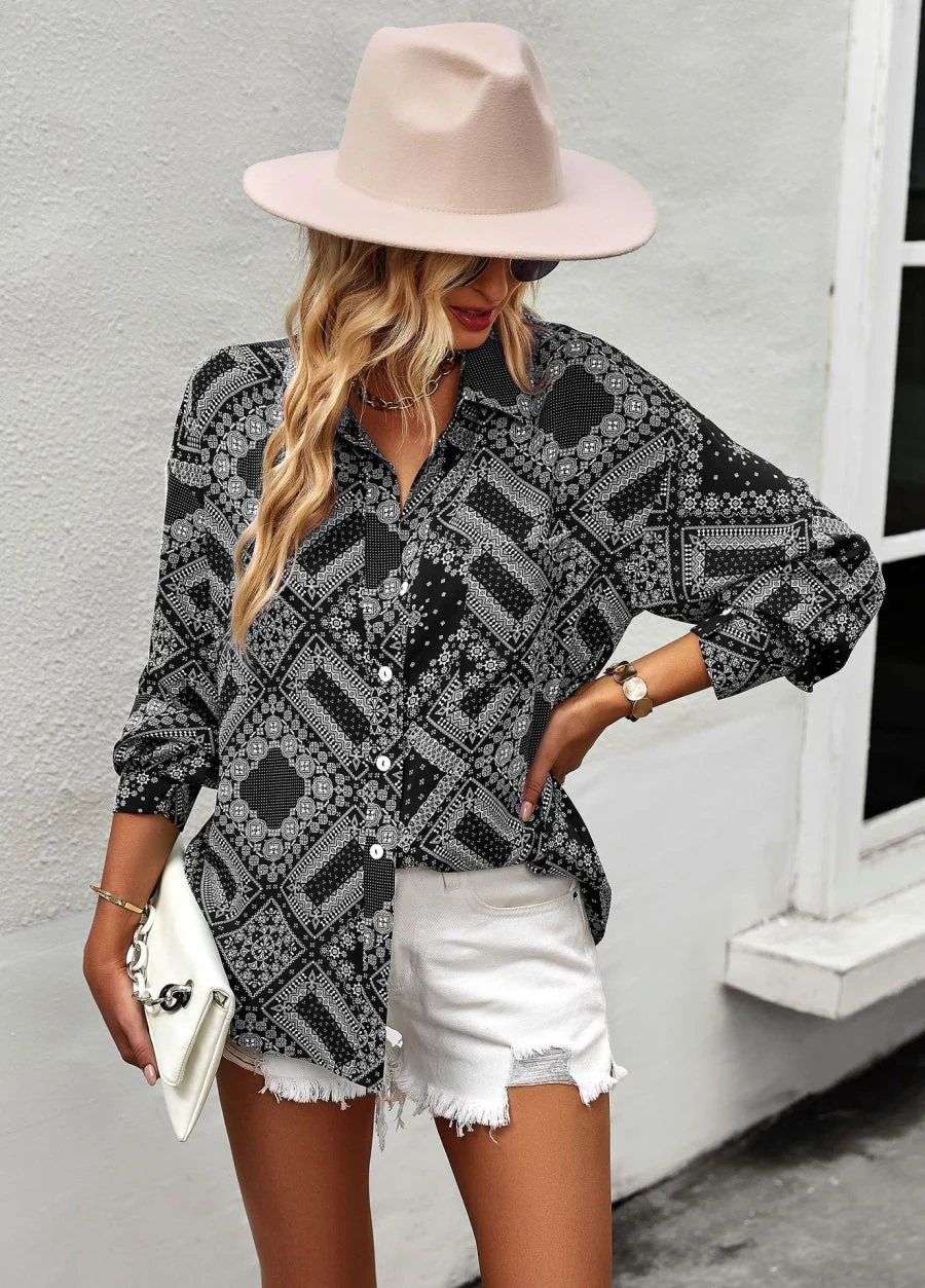 Geometric Bandana Print Button Blouse - Image 2