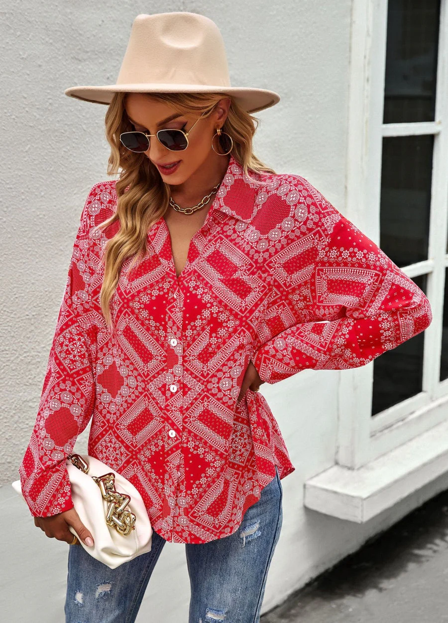 Geometric Bandana Print Button Blouse - Image 21
