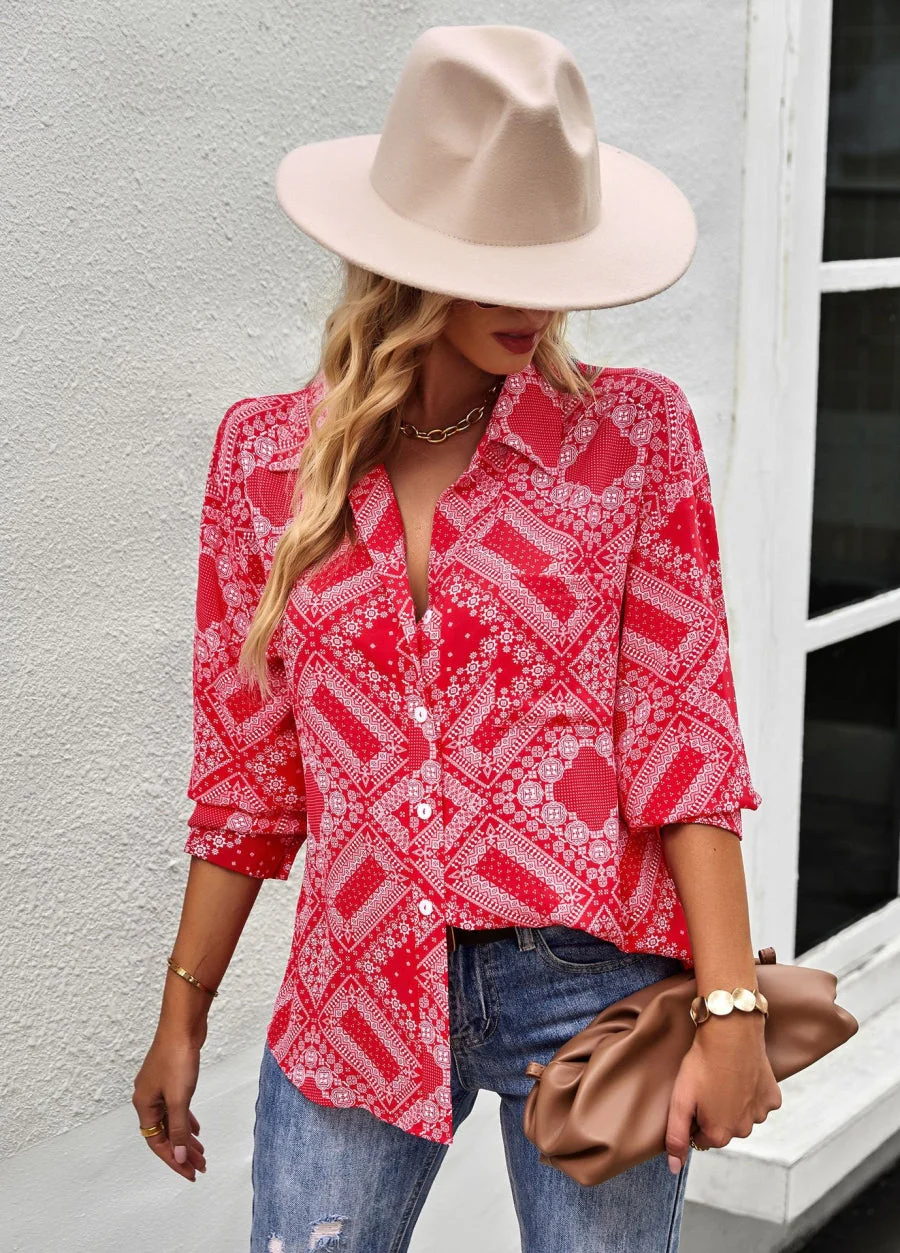 Geometric Bandana Print Button Blouse - Image 22