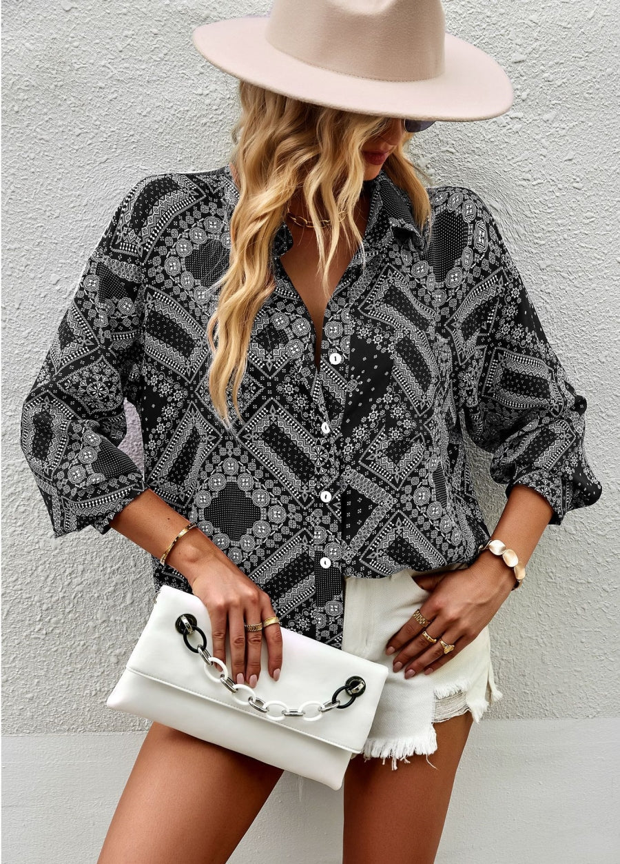 Geometric Bandana Print Button Blouse - Image 3