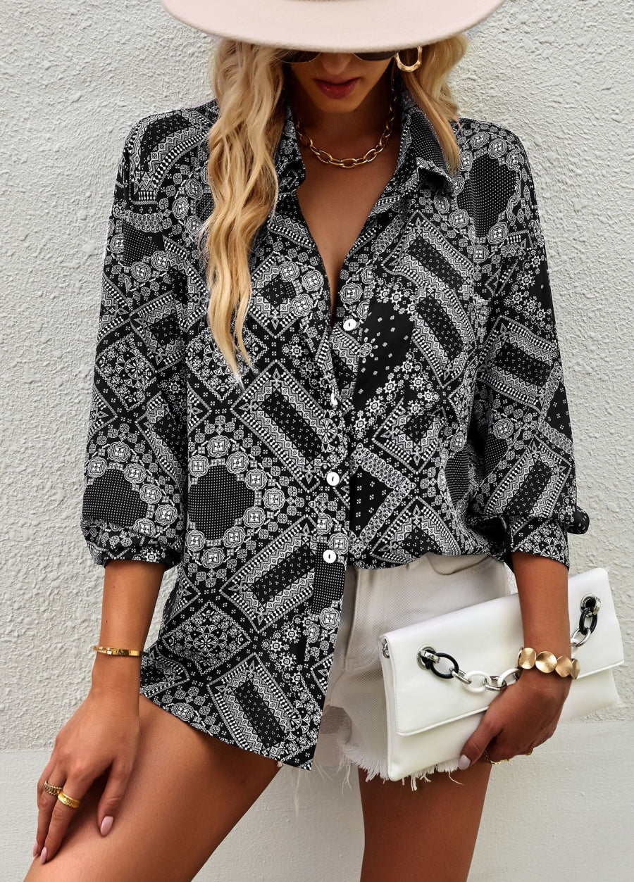 Geometric Bandana Print Button Blouse - Image 5