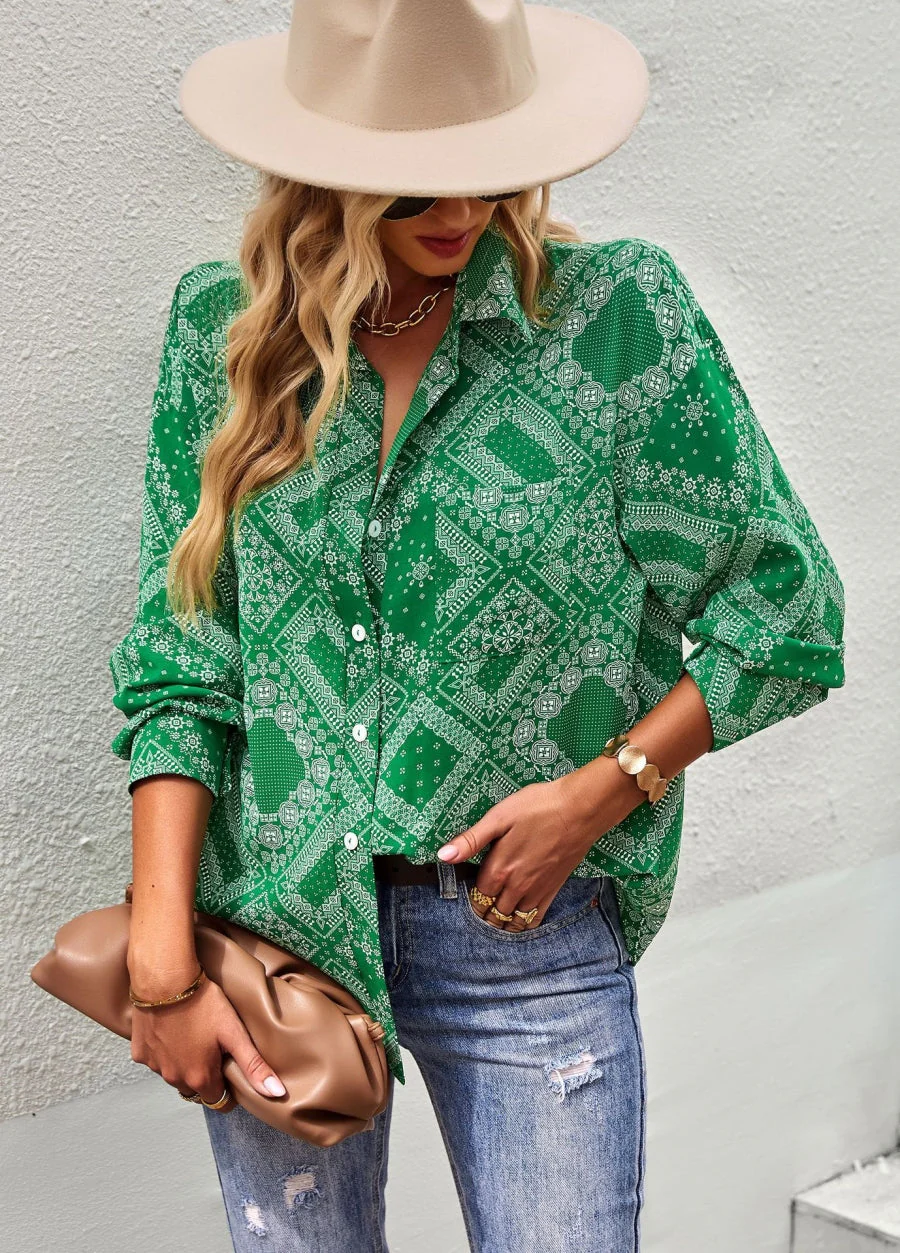 Geometric Bandana Print Button Blouse - Image 7