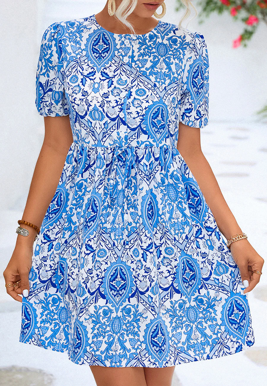 Geometric Paisley Puff Sleeve Dress - Image 7