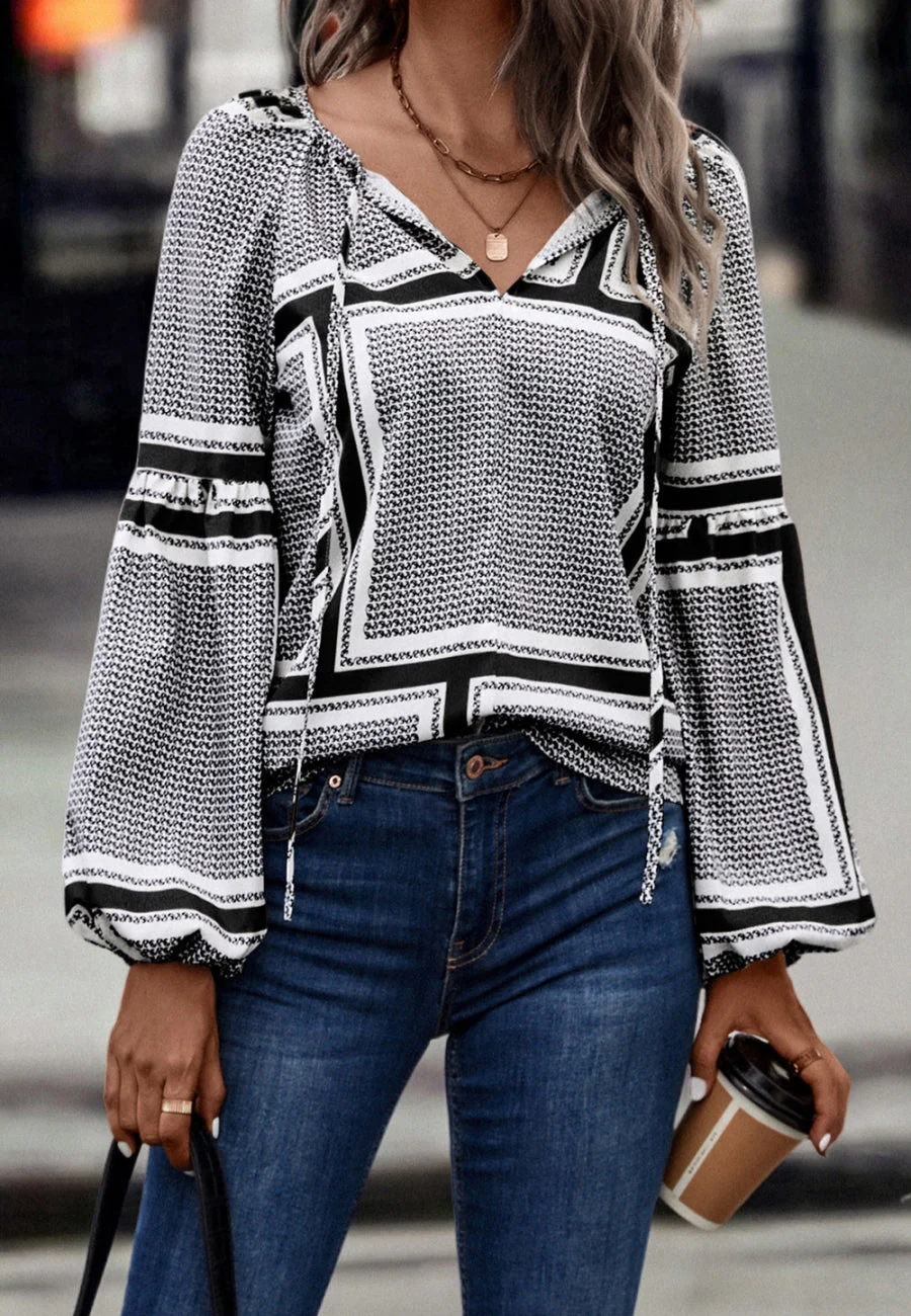 Geometric Print Bishop Sleeve Blouse - Image 3