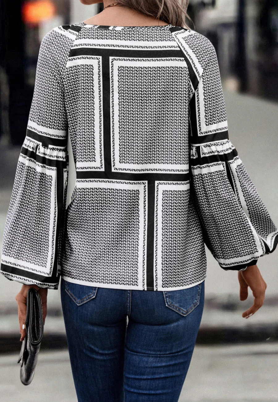Geometric Print Bishop Sleeve Blouse - Image 4