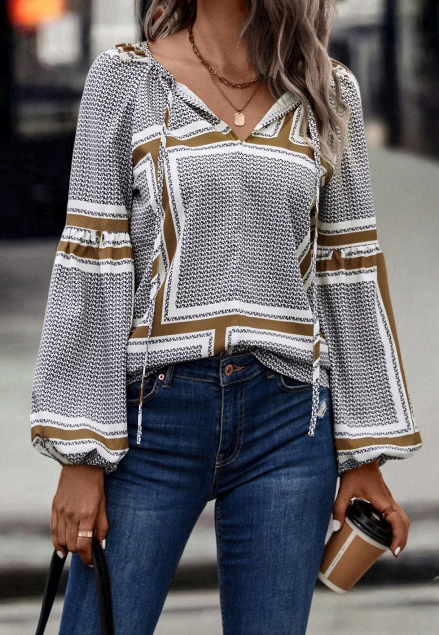 Geometric Print Bishop Sleeve Blouse - Image 7