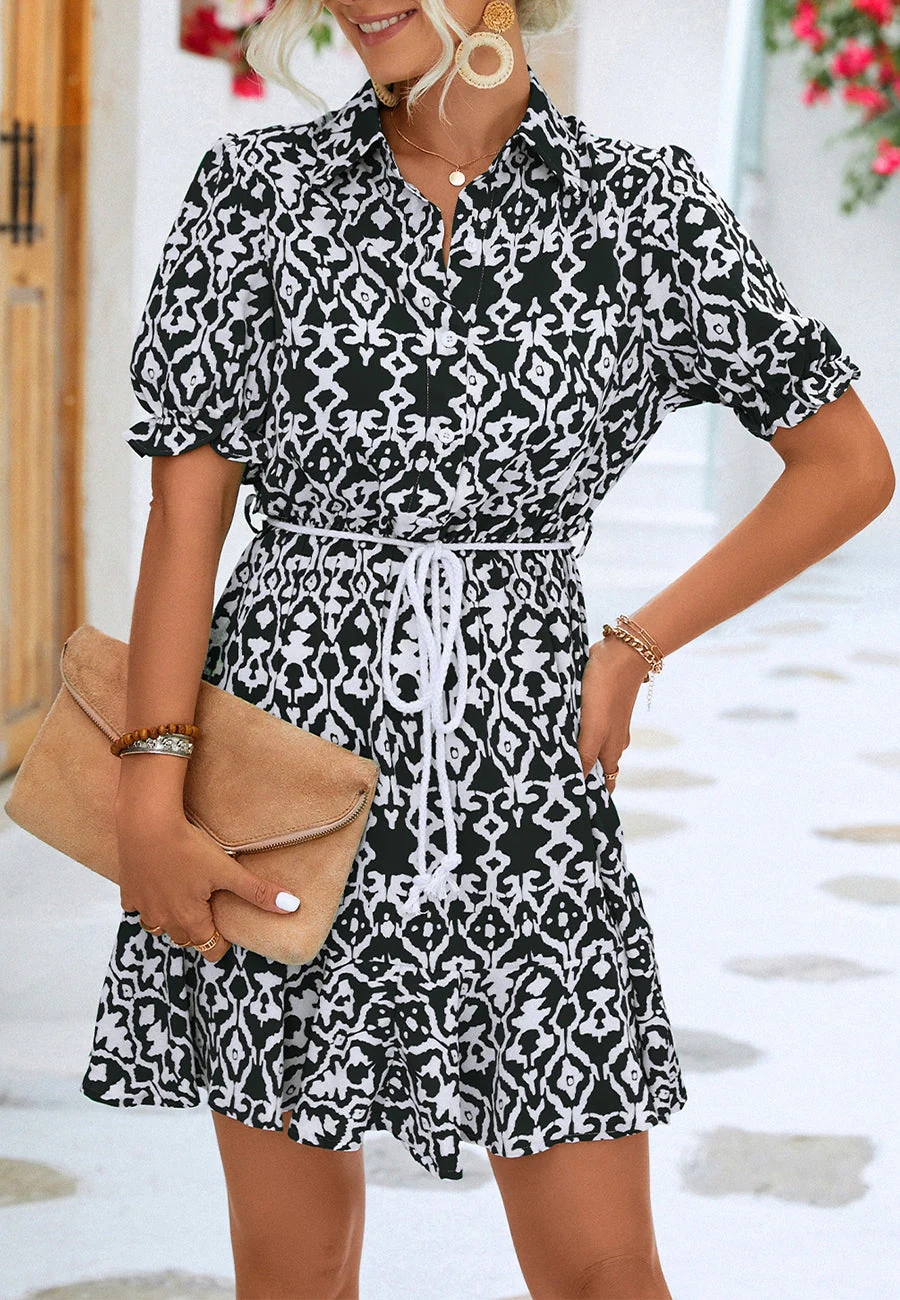 Geometric Puff Sleeve Collared Dress - Image 10