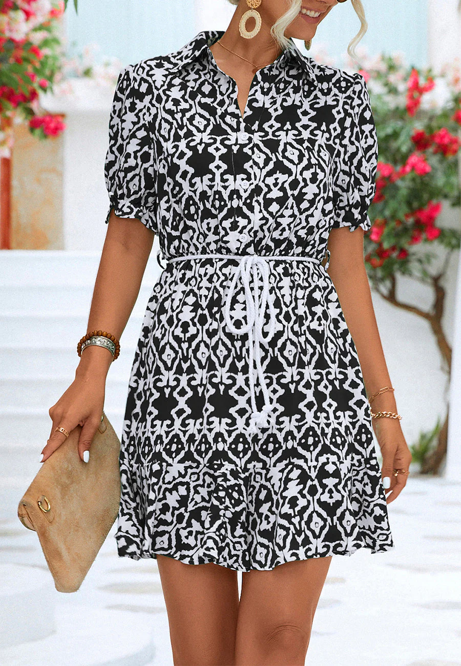 Geometric Puff Sleeve Collared Dress - Image 11