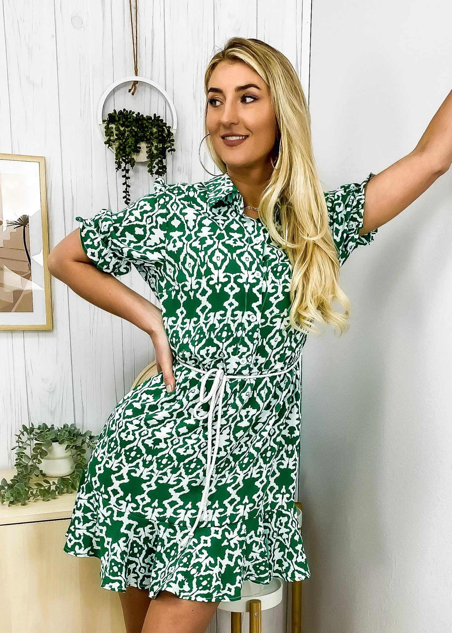 Geometric Puff Sleeve Collared Dress - Image 5