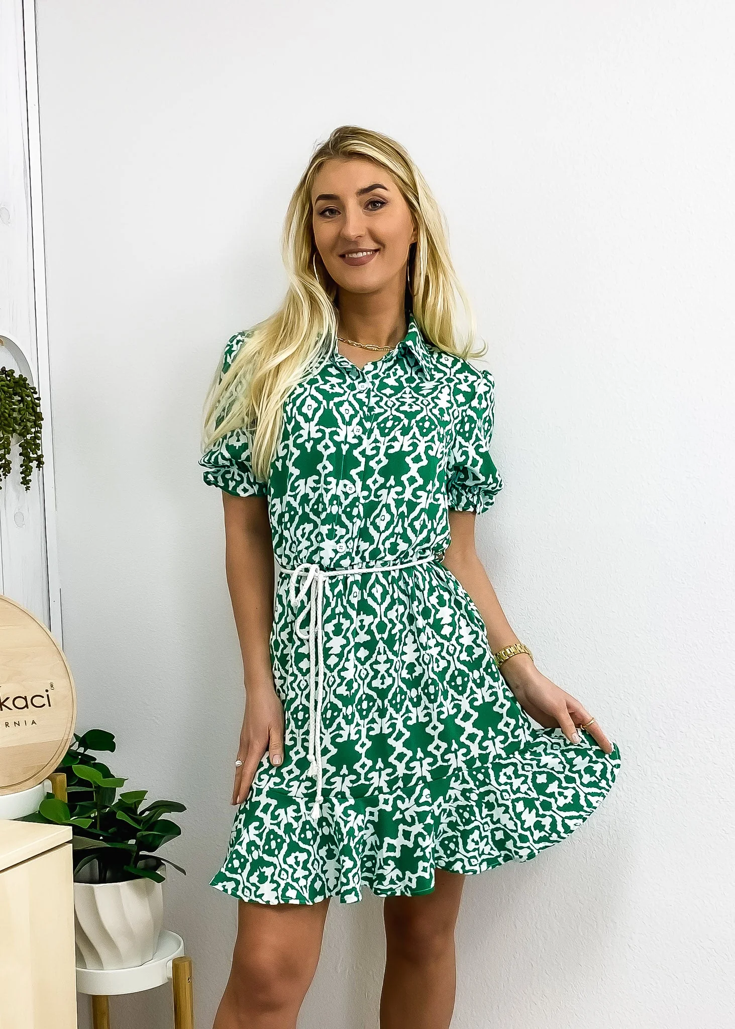 Geometric Puff Sleeve Collared Dress - Image 6