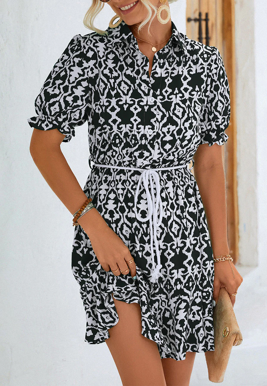Geometric Puff Sleeve Collared Dress - Image 8