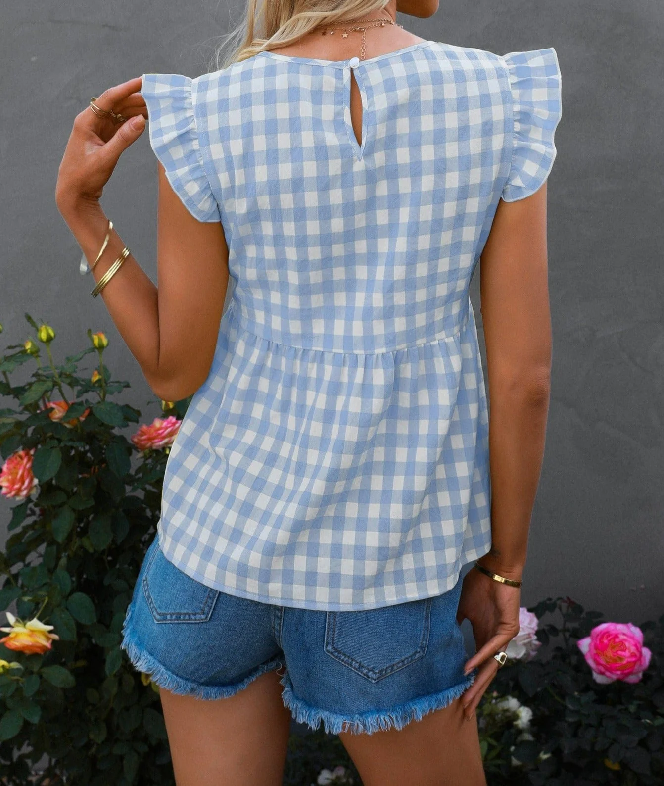 Gingham Print Keyhole Back Blouse - Image 2