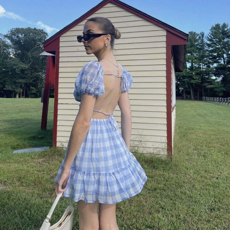 Gingham Puff Sleeve Open Back Mini Dress - Image 5