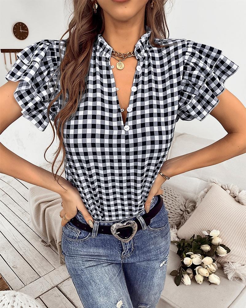 Gingham Tiered Ruffle Sleeve Blouse - Image 4