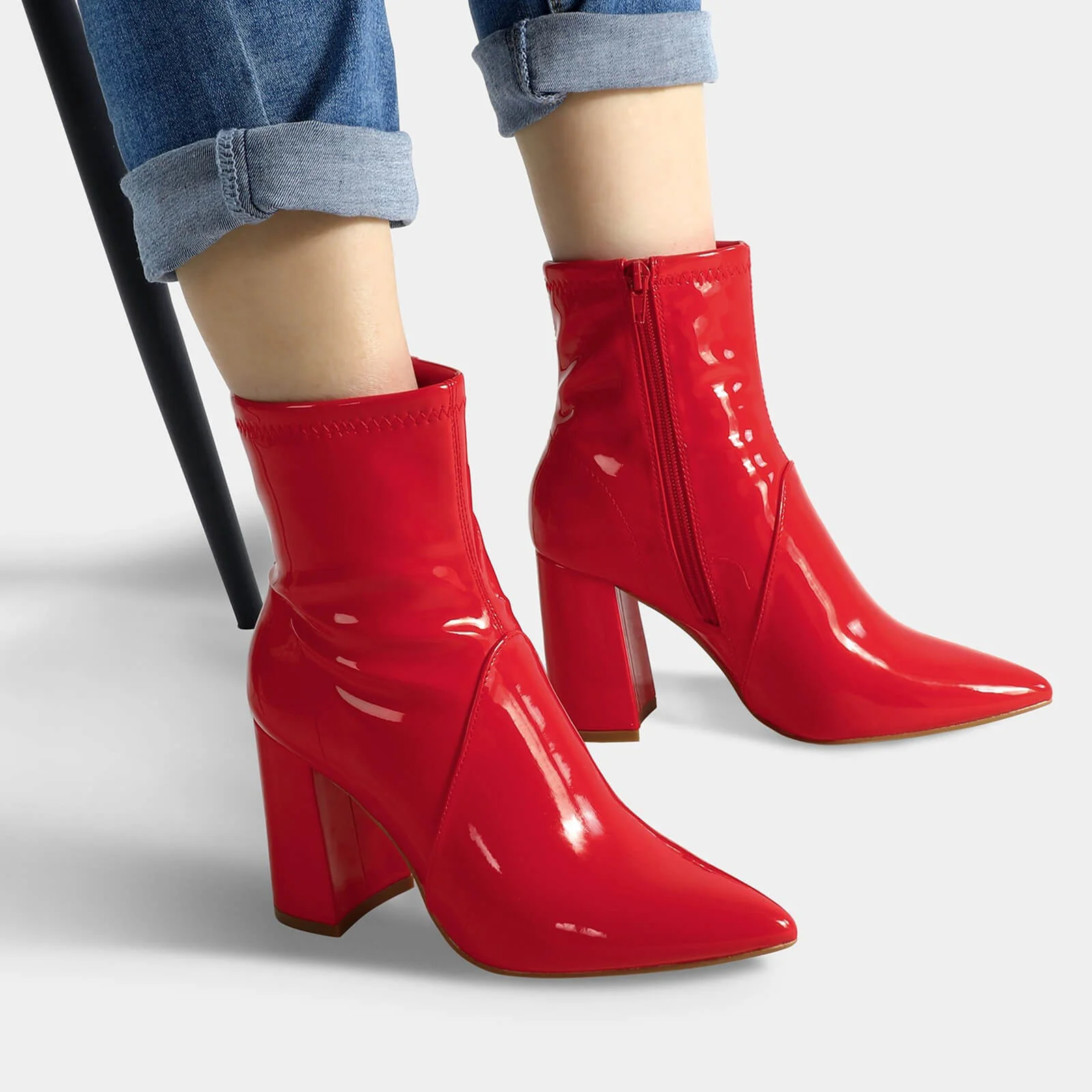 Block Heel Leather Side Zipper Booties - Image 12