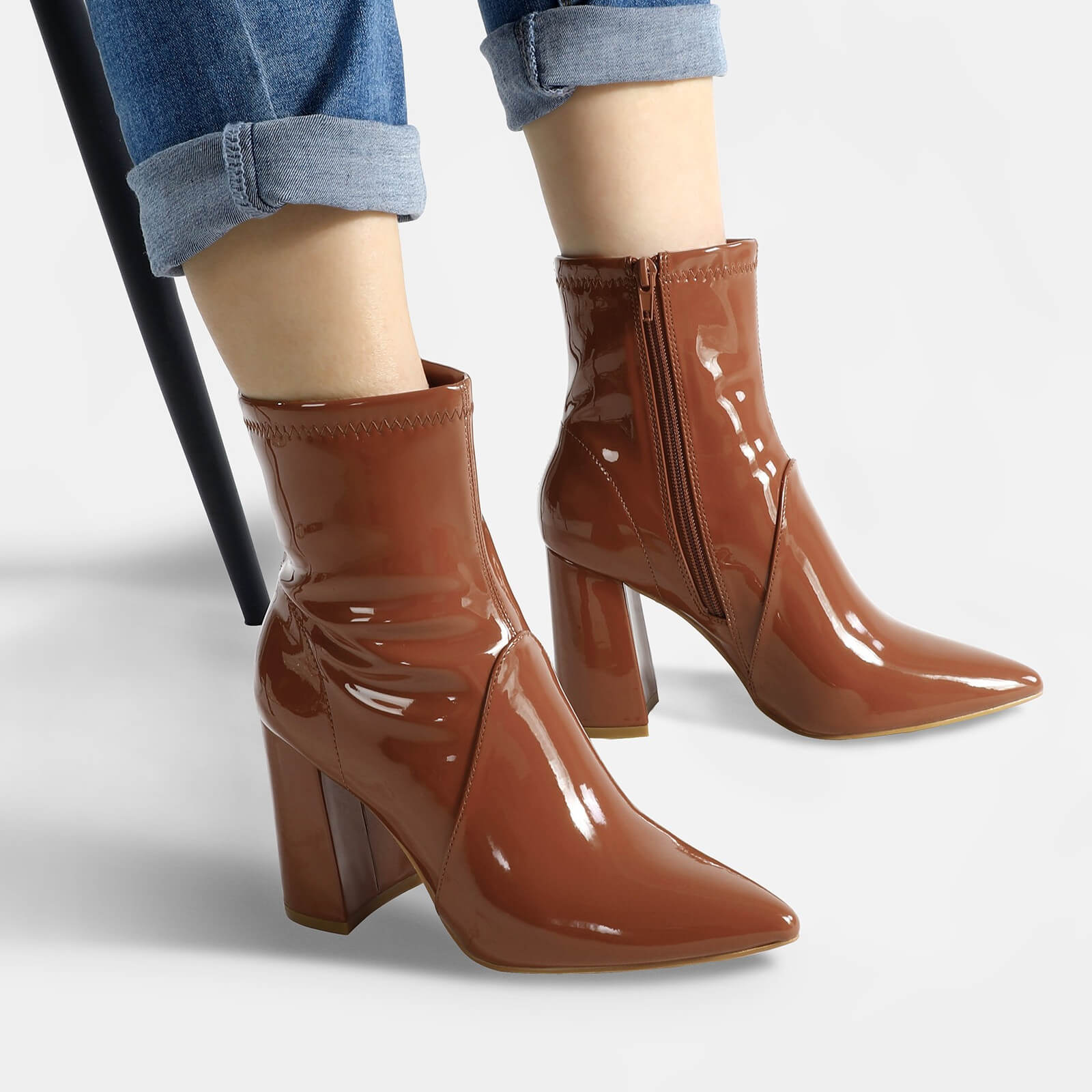 Block Heel Leather Side Zipper Booties - Image 15