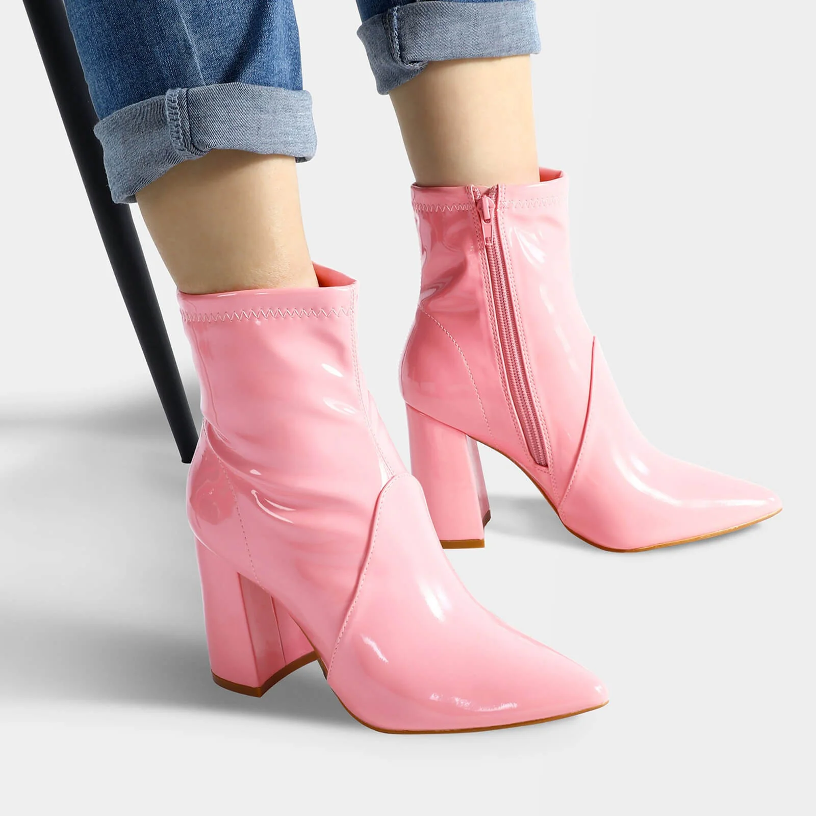 Block Heel Leather Side Zipper Booties - Image 3