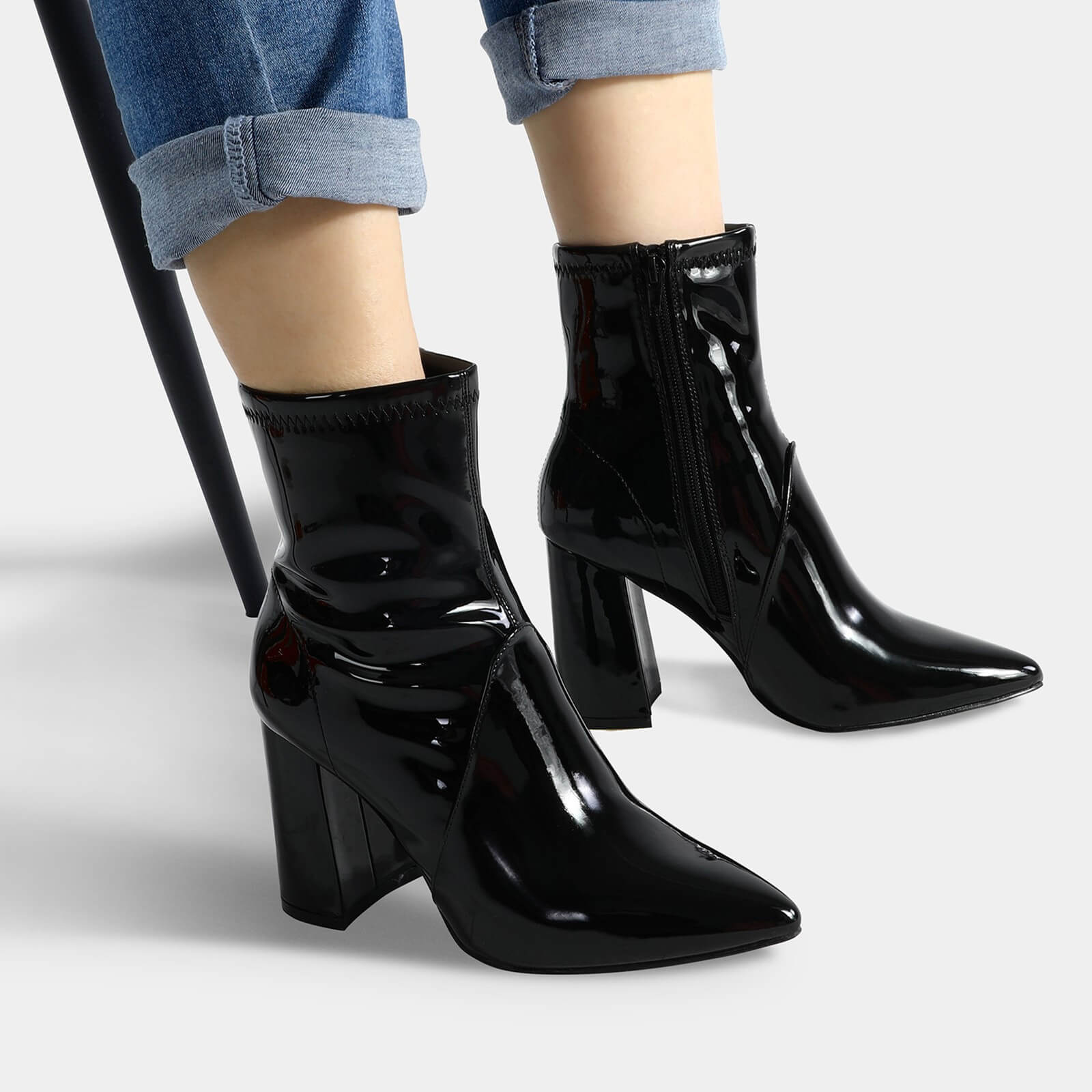 Block Heel Leather Side Zipper Booties - Image 6