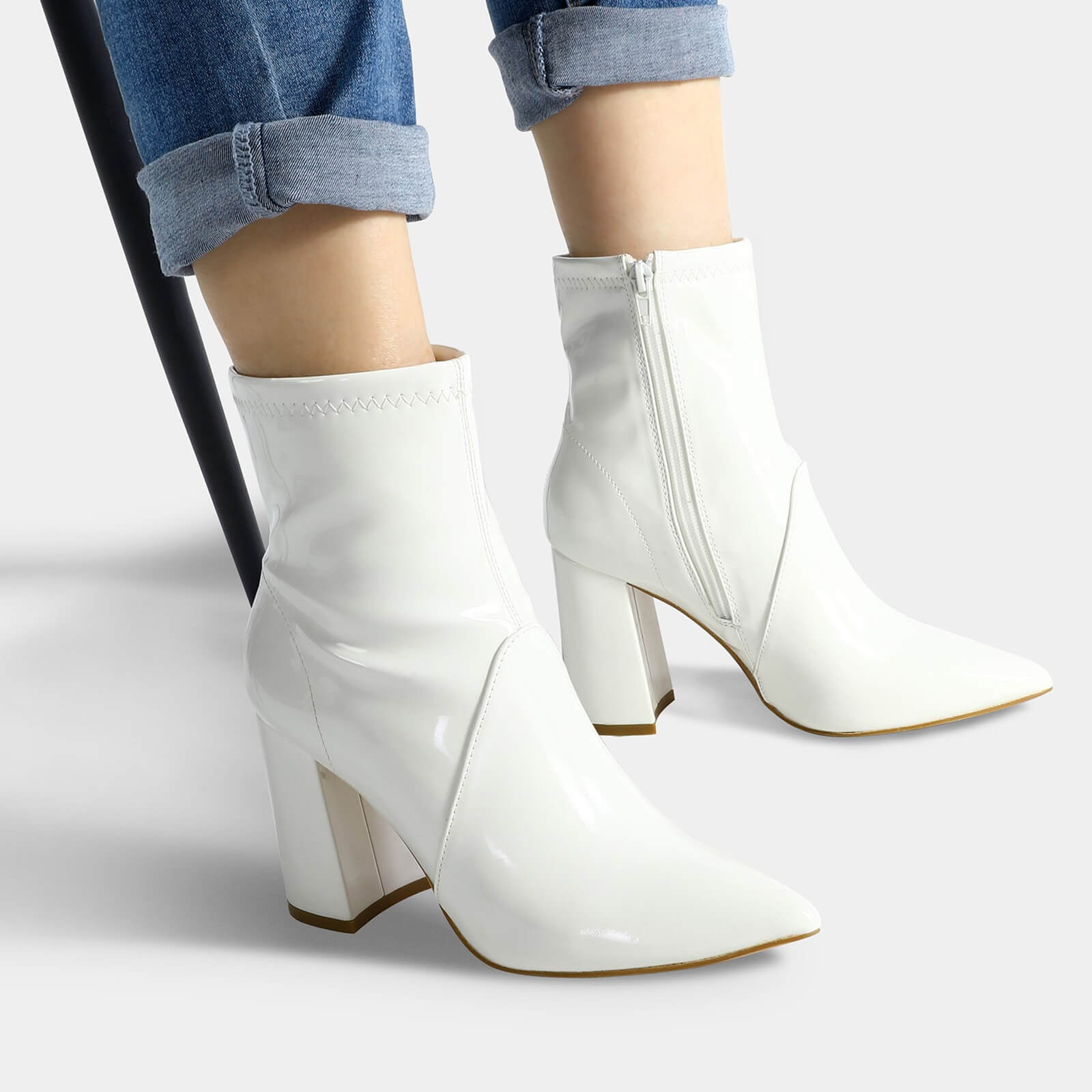 Block Heel Leather Side Zipper Booties - Image 9