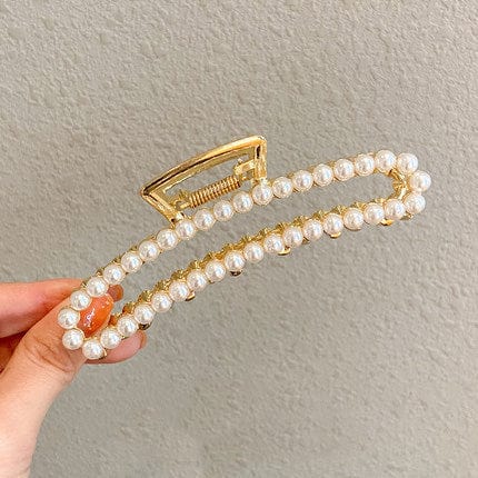 Gold Metal Geometric Open Hair Claw with Crystals & Pearls - Image 3