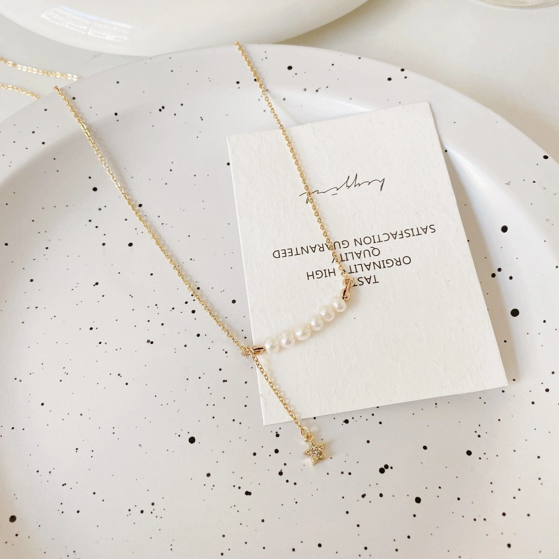 Gold Pearl Line Necklace - Image 2